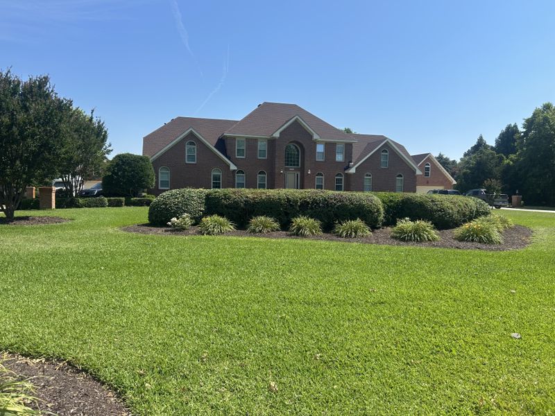 Sweeping lawn with curved mulch beds and shaped shrubs